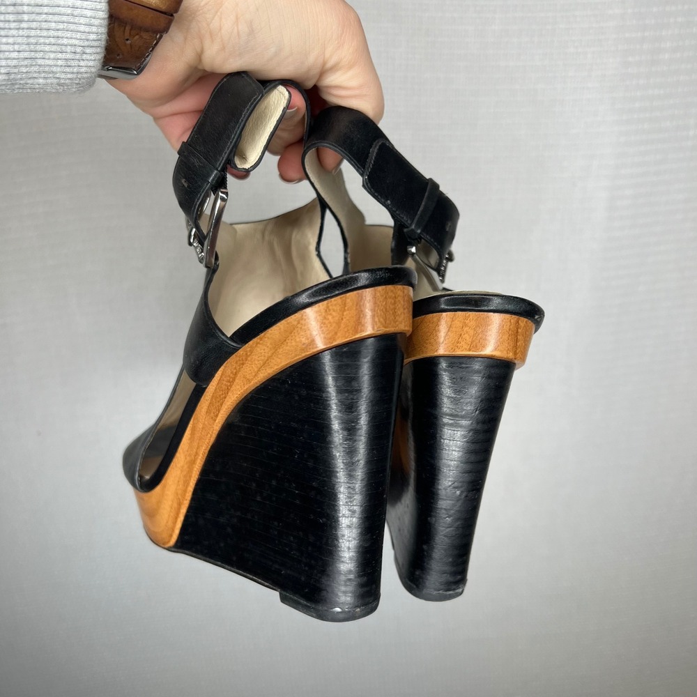 Michael Kors Black Leather Wooden Wedge Slingback Heels Women Size 9.5 - Picture 3 of 8